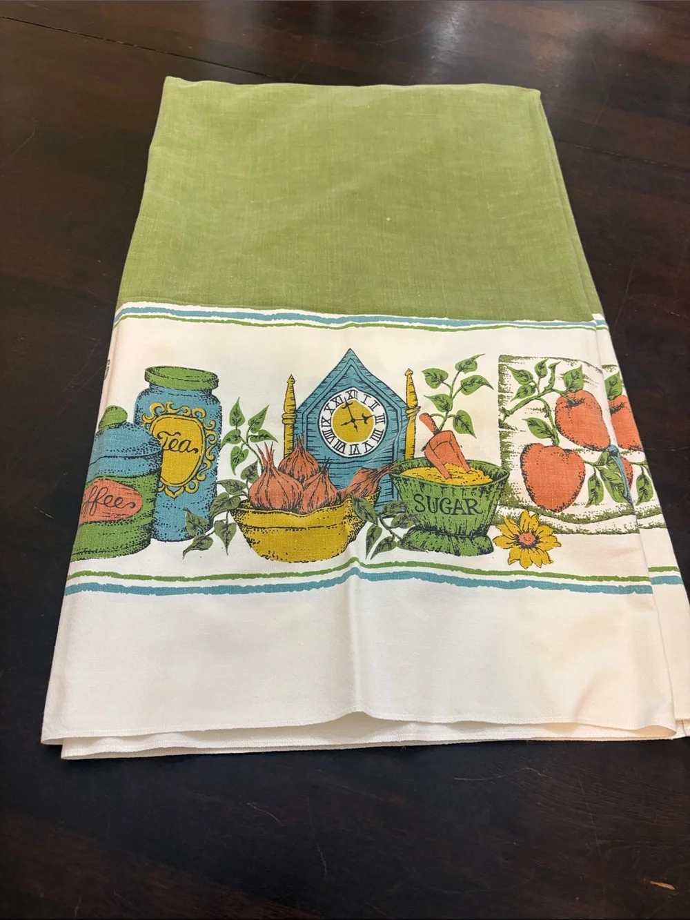 Vtg 1970s Country Kitchen Novelty Border Tablecloth Avocado Green Harvest Gold